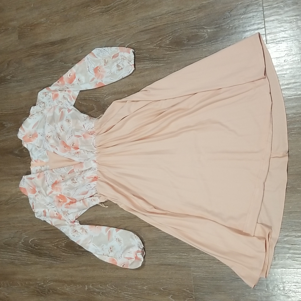 (M) Long Sleeve Midi Dress Full Skirt Sheer Floral Bodice Overlay Vintage